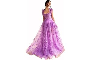 QFMYYXGS 3D Butterfly Tulle Prom Dresses for Women 2025 Long Lace Applique Ball Gown Formal Evening Party Gown with Slit