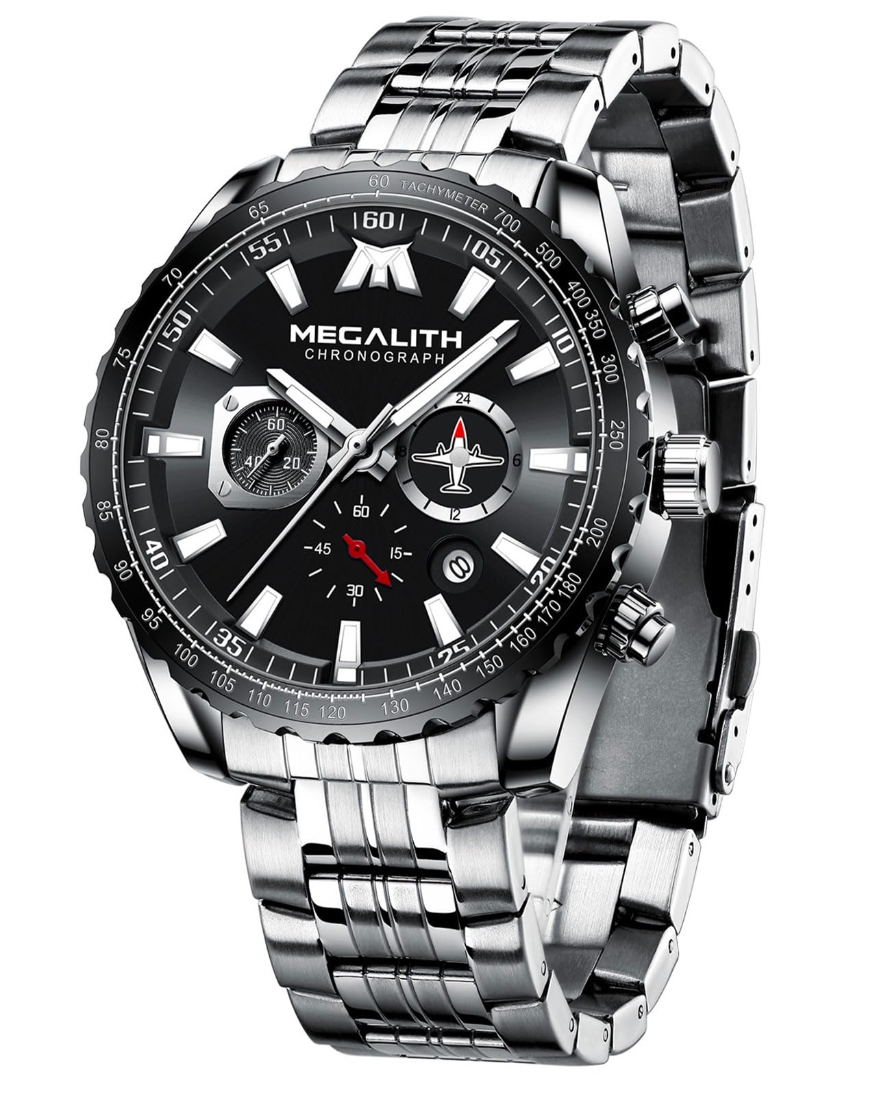 MEGALITH Mens Watch Designer Large Face Watches for Men Silver Stainless Steel Wrist Watch Chronograph Waterproof Luminous Date Quartz Mens Dress Watch