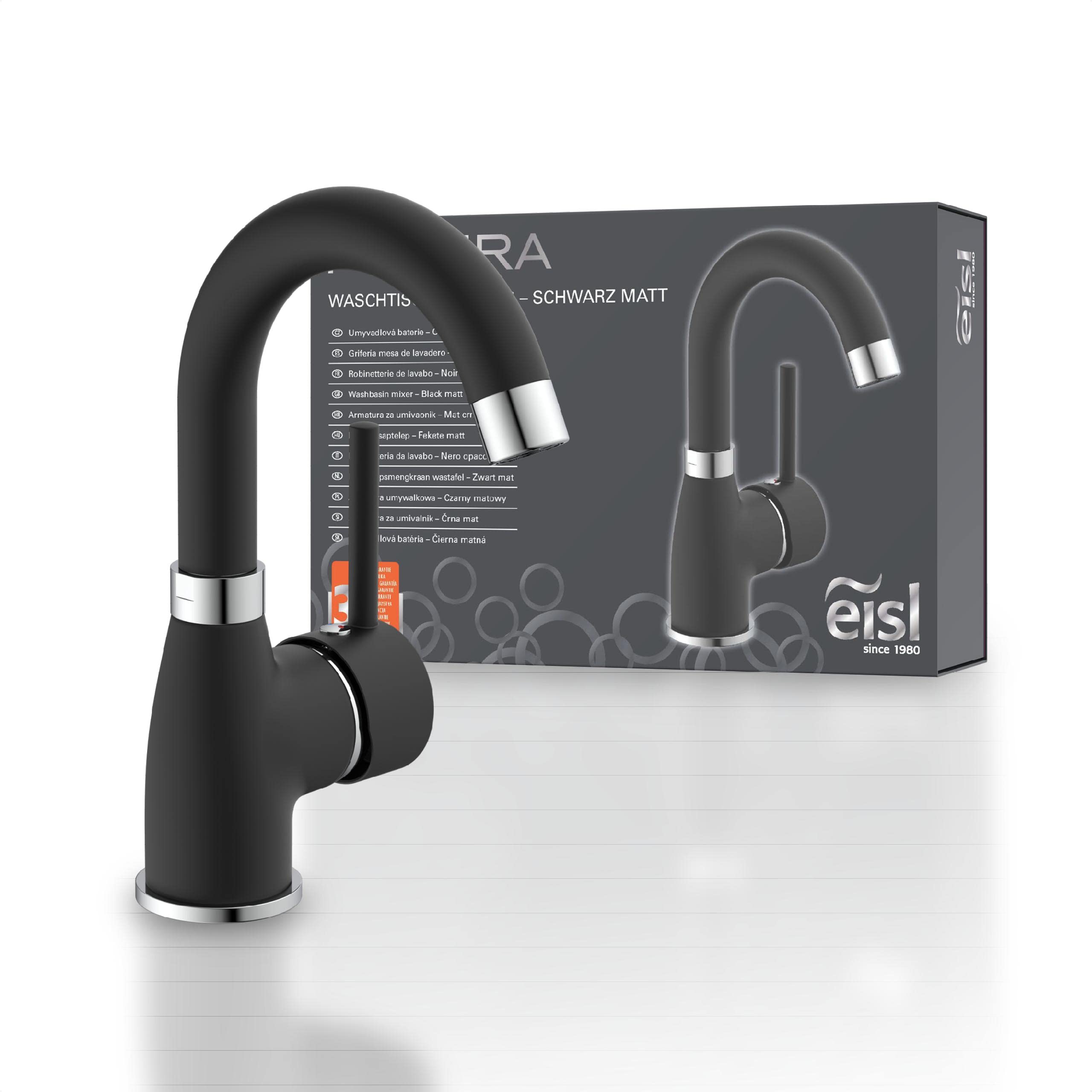 EISL Futura NI075FUTBCR Washbasin Tap Fitting with Energy-Saving Function Cold Start Round Arch Spout Chrome/Black Matte