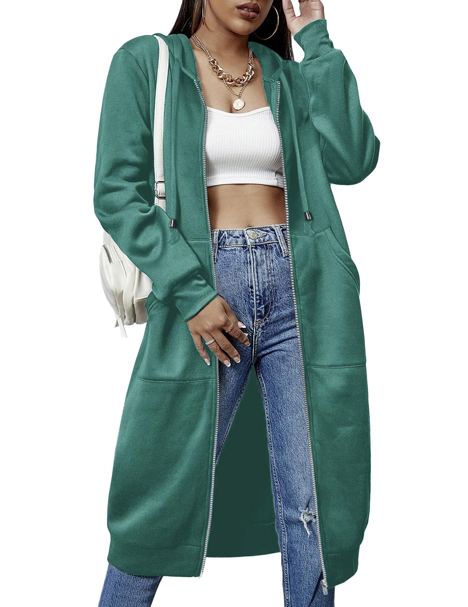 ELESOL Women's Oversized Long Zip Up Hoodie Sweater Sweatshirt Dress Jacket, Green Small Image ELESOL Women's Oversized Long Zip Up Hoodie Sweater Sweatshirt Dress Jacket, Green Small Image