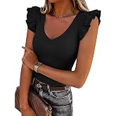 Chulianyouhuo Womens V Neck Ruffle Sleeve Shirts Ribbed Fitted Tank Tops | Cute Summer Ruffle Sleeve Tops, Comfy Tight Knit Cap Sleeve Tees, Trendy Going Out Tops, Casual Travel Vacation Daily Wear