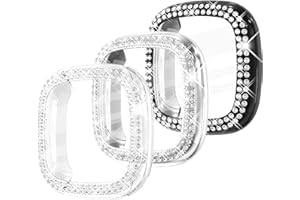 Fullife 3-Pack TPU Bumper for Fitbit Versa 4 Screen Protector, Crystal Diamond Bling Case HD Full Protective Cover for Men Women, Fitbit Versa 4/Fitbit Sense 2 Smartwatch, Black/Silver/Clear