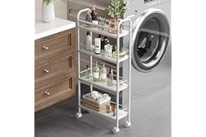Asgolion Slim Storage Cart, 4 Tier Rolling Utility Cart on Wheels, Narrow Shelving Unit Cart for Small Spaces in Kitchen, Dining Room, Bathroom, Laundry Room, White