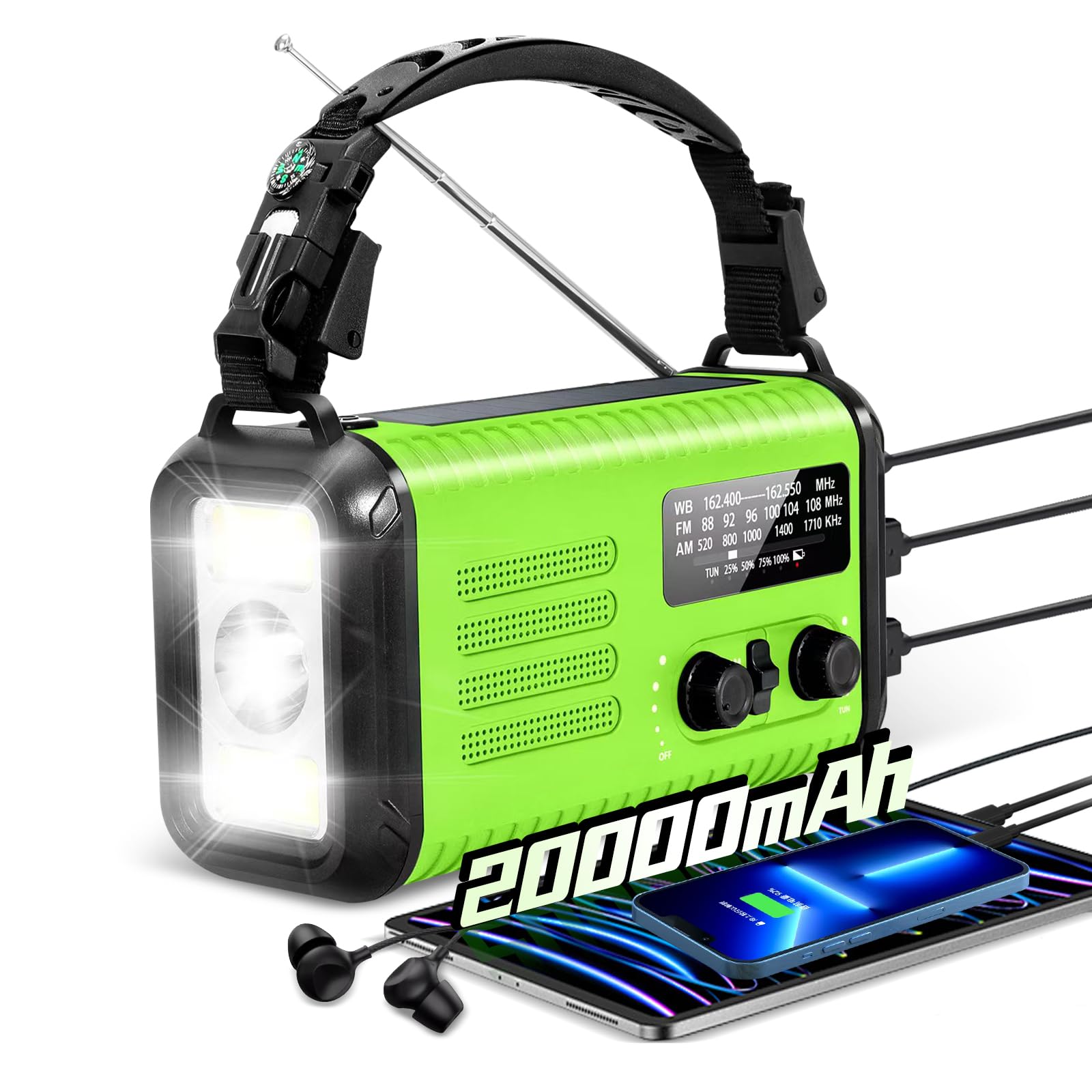 View 1 of 20000mAh / 74000mWh Emergency Crank Radio, NOAA/AM/FM Portable Weather Radio, Solar Hand Crank Radio, Battery Powered with USB Phone Charger, Flashlight Reading Lamp & SOS for Survival (Light Green)