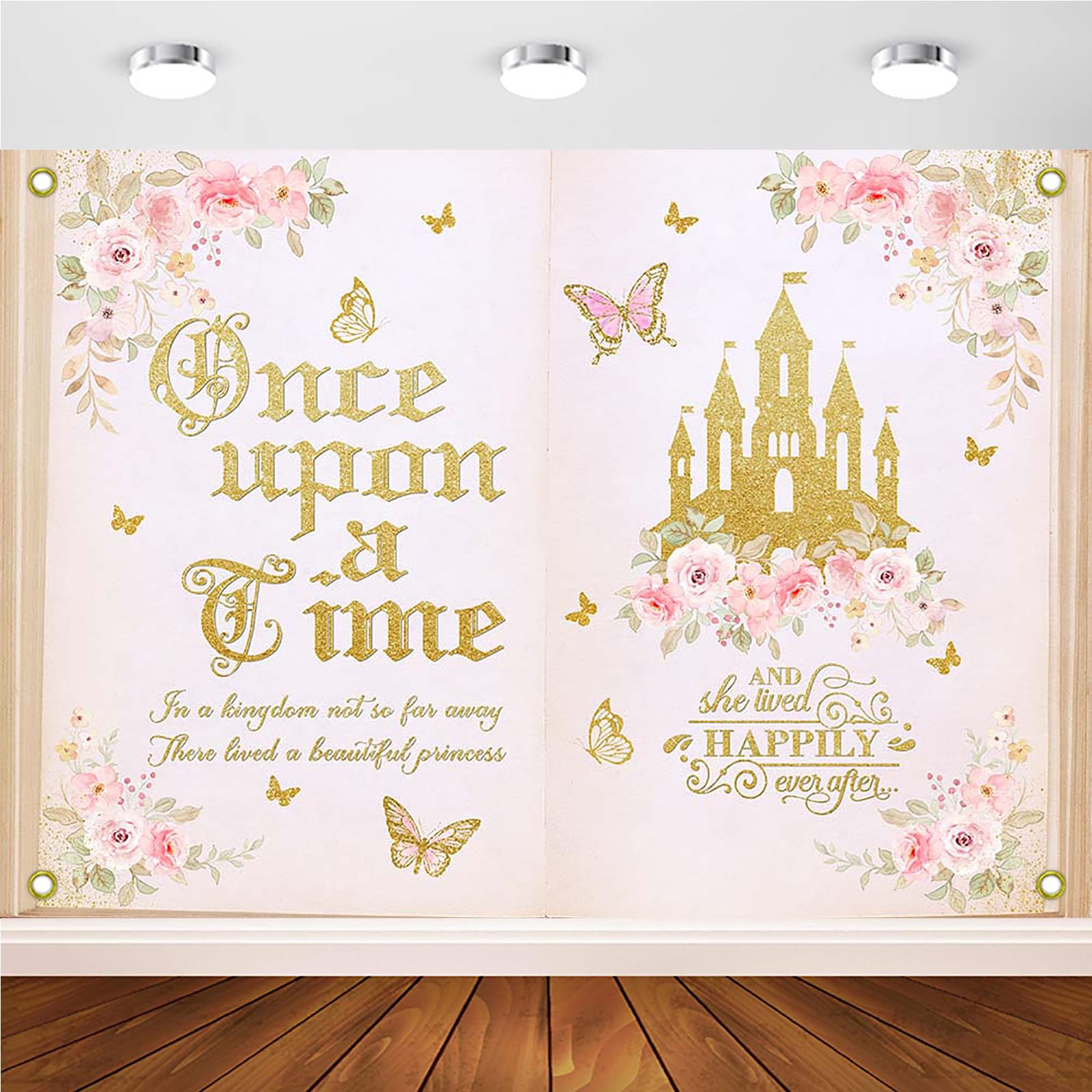 Photo 1 of Avezano Once Upon a Time Backdrop for Girls Floral Castle Princess Fairy Tale Birthday Party Decoration Flowers Butterfly Storybook Theme Photography Background for Baby Shower (Pink, 7x5ft)