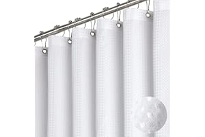 Dynamene White Fabric Shower Curtain， Waffle Weave Heavy Duty Hotel Luxury Cloth Shower Curtains for Bathroom, 72 Inch 256GSM