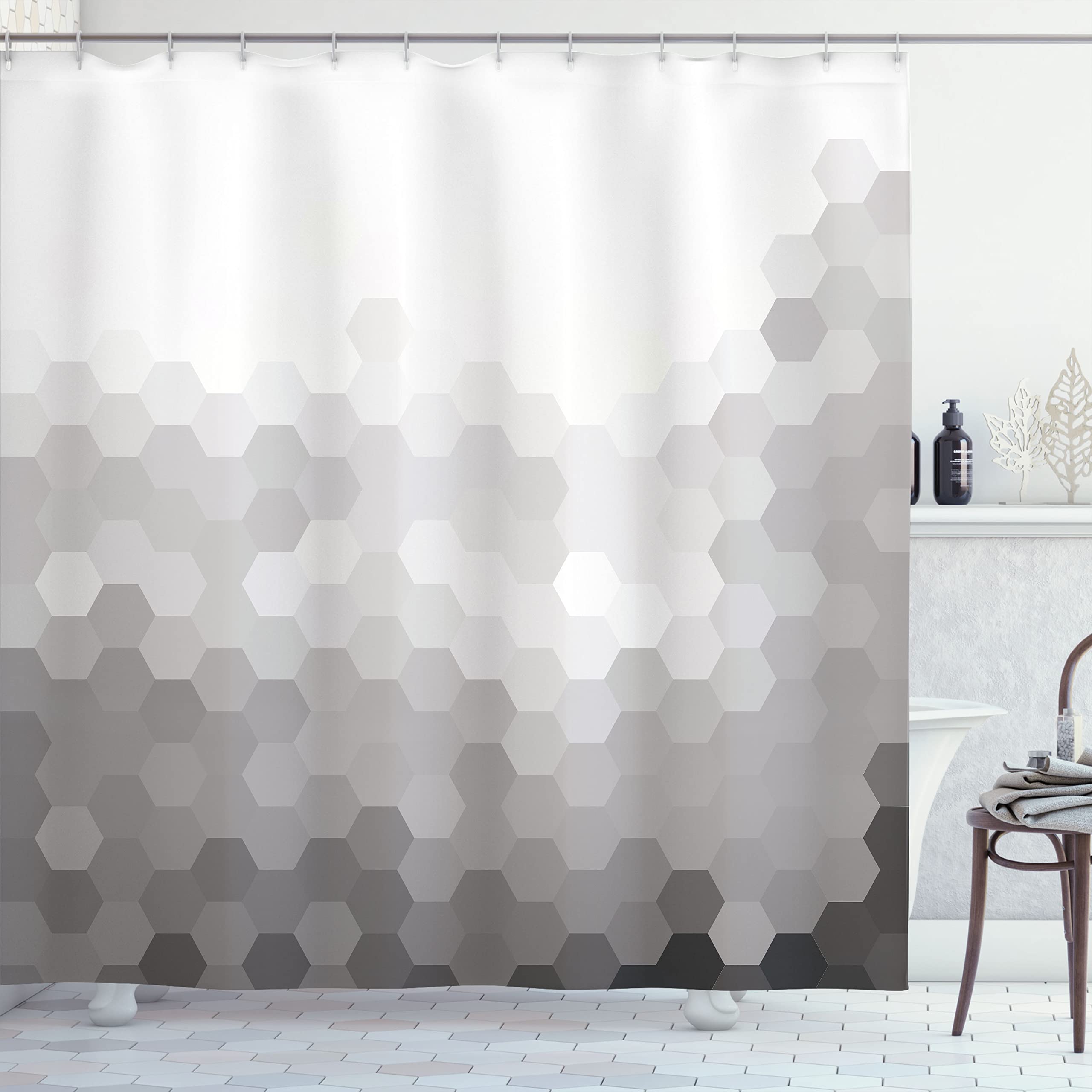 ABAKUHAUS Contemporary Shower Curtain, Gradient Toned Geometric Digital Abstract Hexagon Modern Display, Cloth Fabric Bathroom Decor Set with Hooks, 175 x 200 cm, Dark Grey