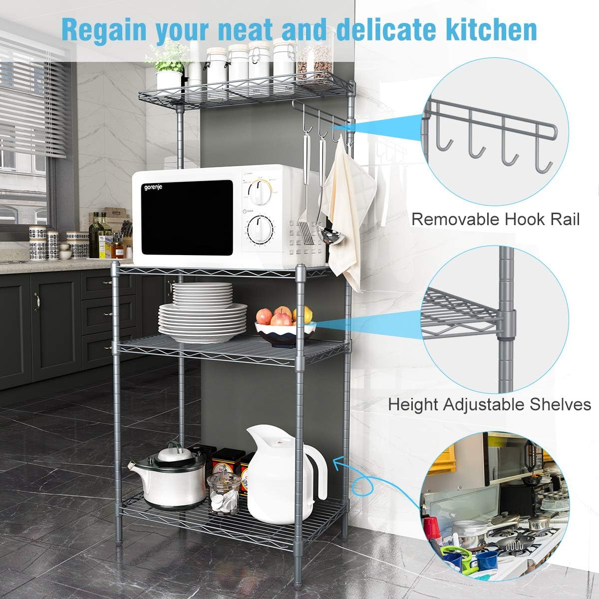 LANGRIA 3 Tier Microwave Stand Storage Rack, Kitchen Wire Shelving Microwave Oven Baker’s Rack with Spice Rack Organizer, Silver Grey - Standing Baker's Racks