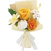 Marvogo Crochet Flowers Crochet Bouquet Handmade Crochet Rose Bell Orchid Suitable Tulip Fern Leaf as a Gift for Lover, Family,Friends. Artificial Flower Finished Bouquet (Yellow)