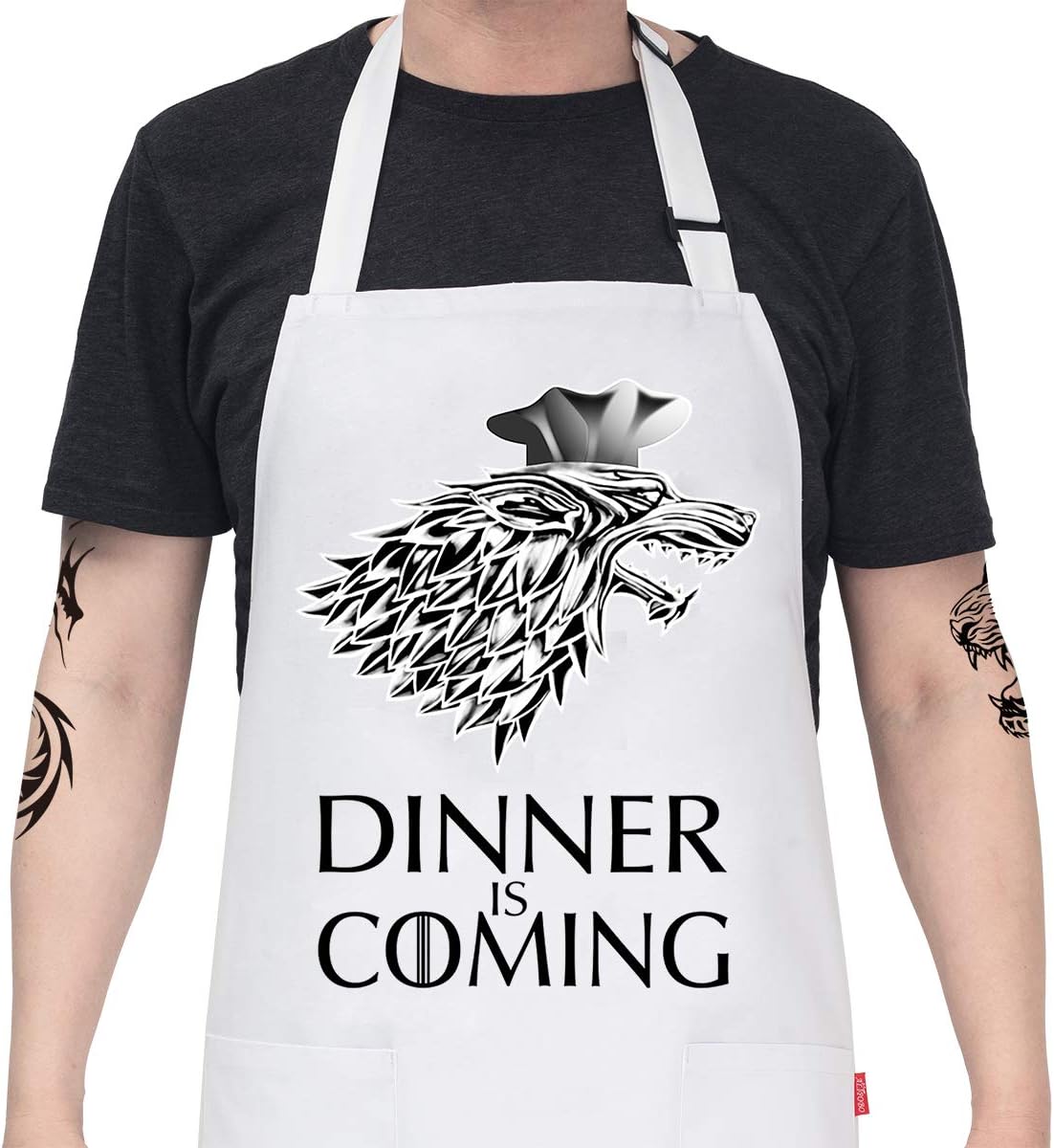 ALIPOBO Grill Aprons for Men Women, Dinner is Coming Game of Thrones Kitchen Chef Apron with 2 Pockets and 40" Long Ties, Adjustable Bib Apron for Cooking, BBQ, Baking, Gardening, White