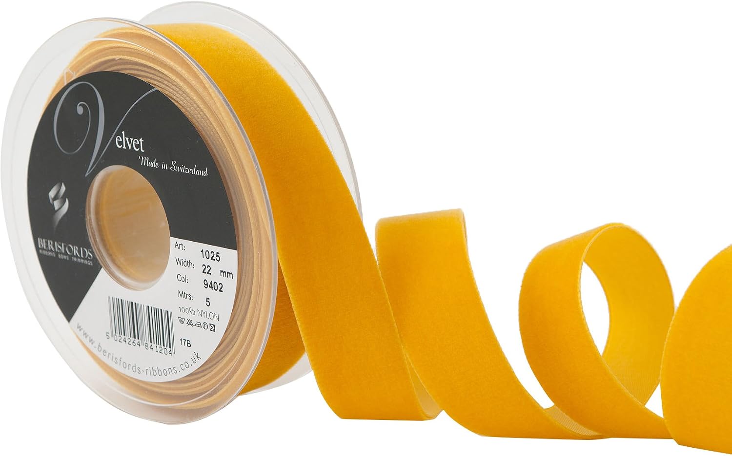 Berisfords Velvet Ribbon, Gold, 102 x 30 x 102 cm, 10.2 x 3.0 x 10.2 cm