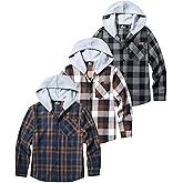 GEEK LIGHTING 3 Pack Boys Girls Plaid Flannel Shirts Unisex Kids Long Sleeve Casual Button Down Shirts with Hood