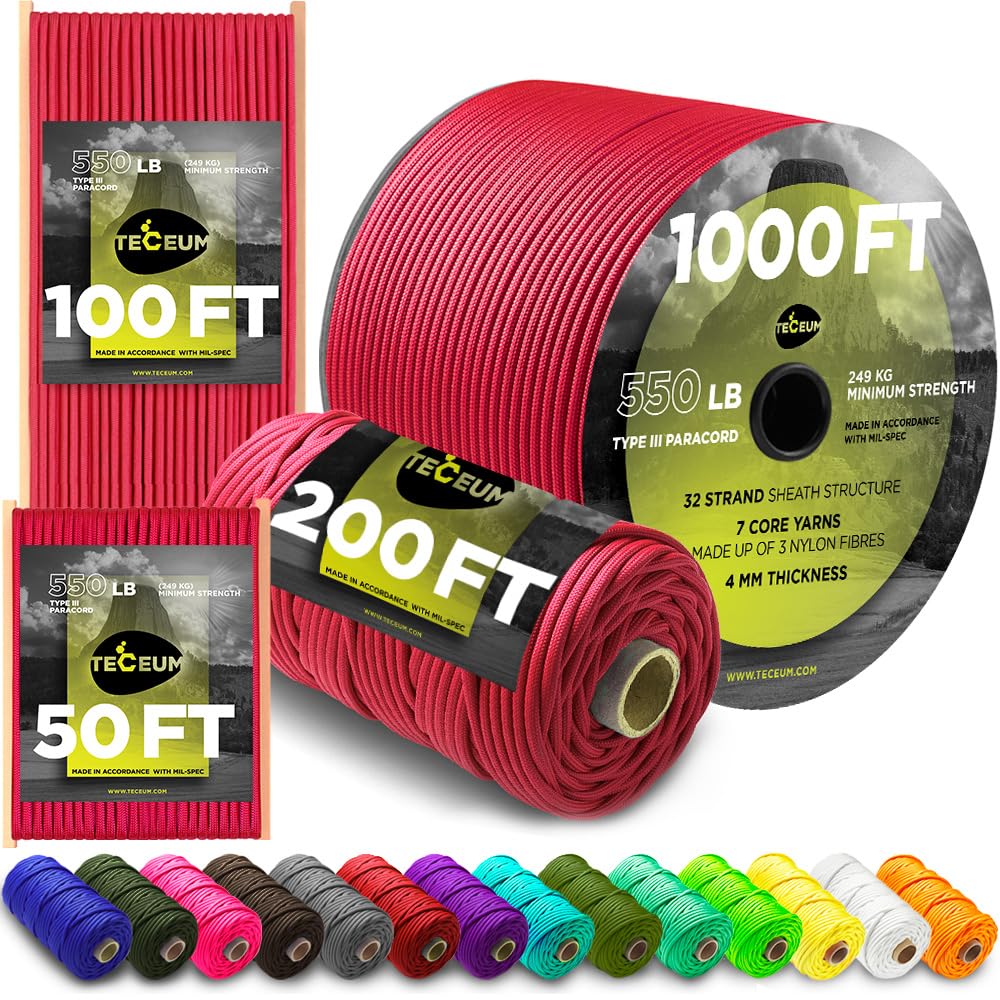 TECEUM Paracord Type III 550 Crimson – 1000 ft – 4mm – Tactical Rope MIL-SPEC – Outdoor para Cord –Camping Hiking Fishing Gear and Equipment – EDC Parachute Cord – Strong Survival Rope 324 Image TECEUM Paracord Type III 550 Crimson – 1000 ft – 4mm – Tactical Rope MIL-SPEC – Outdoor para Cord –Camping Hiking Fishing Gear and Equipment – EDC Parachute Cord – Strong Survival Rope 324 Image