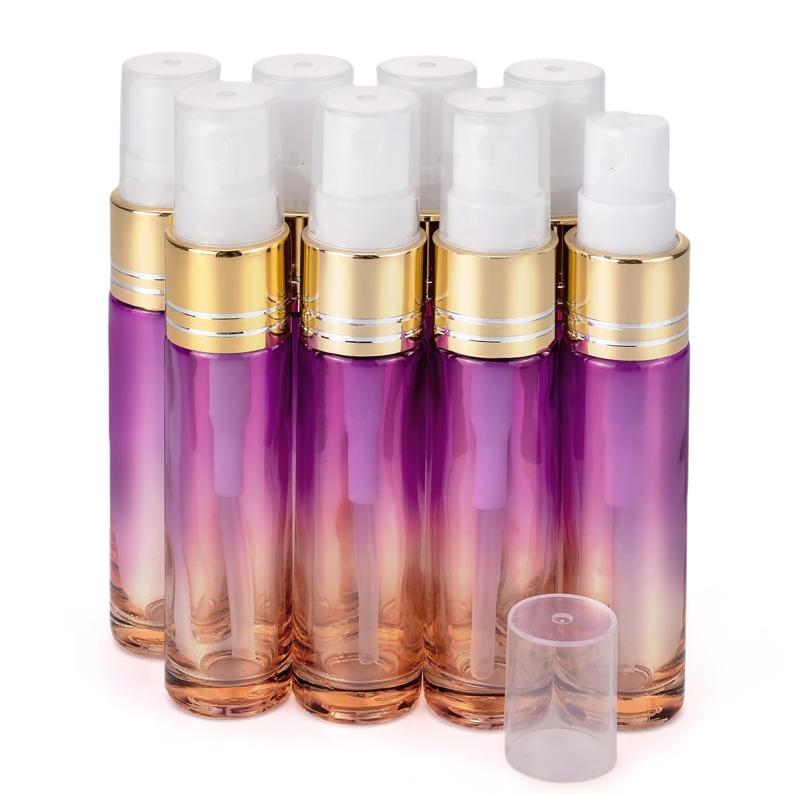 Unxuey 8 pcs 10 ml (0.3 Oz) Mist Gradient Rainbow Color Glass Spray Bottles with Golden Fine Mist Sprayers for Essential Oils Perfume Fragrance Atomiser Refillable Portable Container Vials