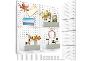 CAPHONT Pegboard Wall Organizer, 4 PCS Metal Pegboard Panels with 20 Screws and Washers, White Pegboard for Wall Display, Crafts Organization, Kitchen Organizer, Wall Mount Display Peg Board (White, 12″×12″)