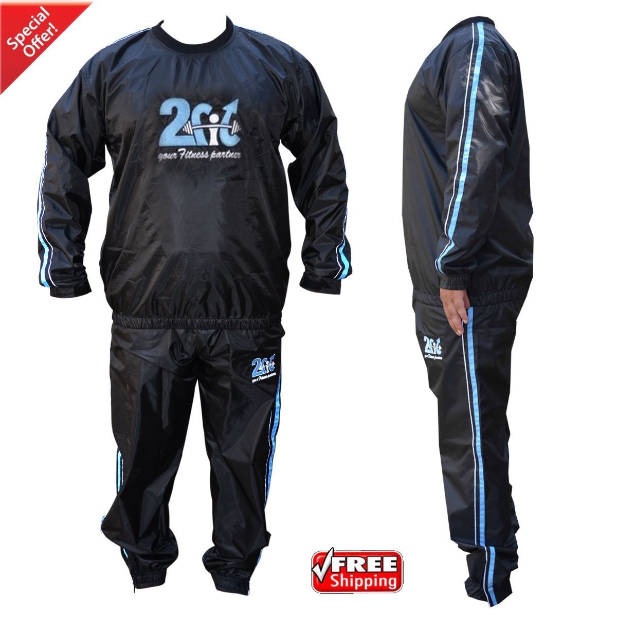 Heavy Duty 2Fit Blue Sauna Sweat Suit Exercise Tracking Gym Suit Fitness Weight Loss Anti-Rip (Extra Large)