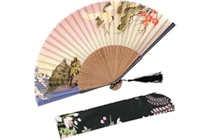 OMyTea "Red-Crowned Crane Folding Hand Held Fan for Women - with a Fabric Sleeve for Protection - Chinese/Japanese Vintage Retro Style for Wedding, Dancing, Church, Party, Gifts