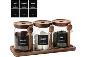 Glass Tea Coffee Sugar Canisters Set, 21oz/600ml Airtight Glass Storage Jars with Lids, Scoops, Labels & Tray, Kitchen Counte