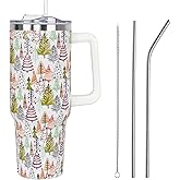 Christmas Trees Tumbler with Handle and Straw Lid 40 oz,Cute Merry Xmas Colorful Gifts for Women Vacuum Insulated Leak Proof Tumbler,Winter Holiday Accessories Stainless Steel Coffee Cup Mug