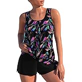 MODLILY 2 Piece Tankini Swimsuits for Women Tropical Plants Bathing Suits | Modest 2 Piece Sporty Swimwear 2026, Casual Tank Top with Mid Rise Board Shorts Navy, Tummy Coverage Womens Blouson Tankinis