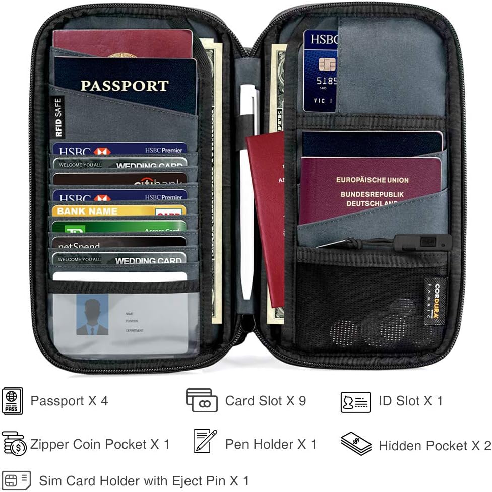 tomtoc Family Passport Holder with a Sim Card Holder and Eject Pin, RFID Blocking Travel Wallet Waterproof Ticket Holder Document Organizer with Chain Strap, Up to 6 Passports 9 Credit Cards