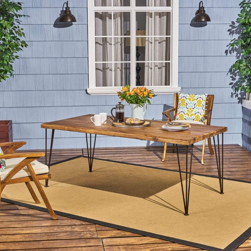 Christopher Knight Home Kama Patio Dining, Rectangular, 72", Acacia Wood Table Top, Rustic Iron Hairpin Legs, Teak Finish, Metal: Furniture & Decor