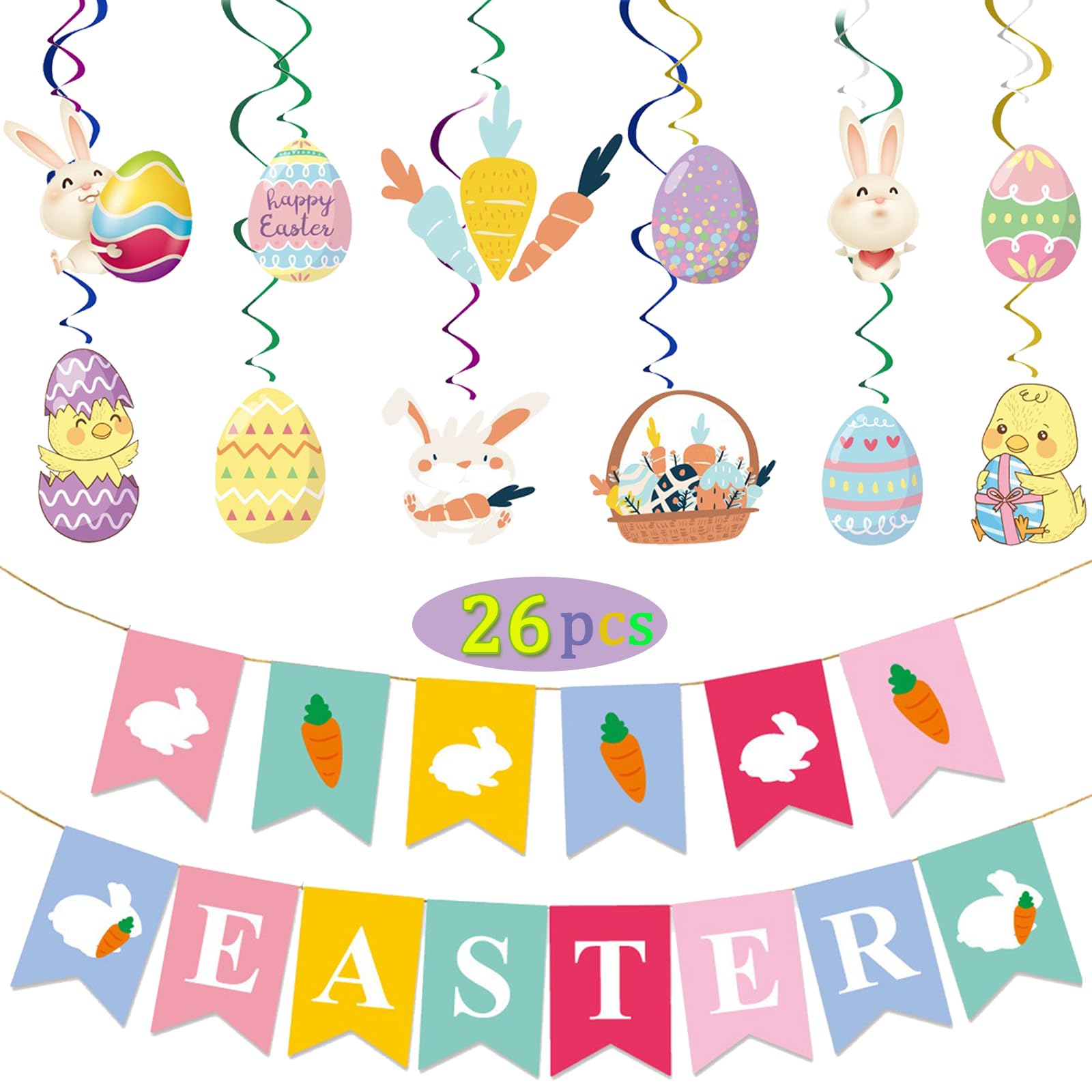 Photo 1 of 26 PCS Easter Decorations Easter Hanging Swirl Banner Decorations Pack - Easter Eggs Bunny Chick Decorative Hanging Ornaments Basket DIY Crafts Easter Home Decor Party Favors Supplies