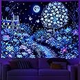 Dremisland Blacklight Galaxy Planet Tapestry UV Reactieve Waterval Landschap Tapestry Fantasy Berggolf wandtapijten Neon Paddestoel Planten Muur Opknoping Slaapkamer Woondecoratie (Neon, L/142 x 180