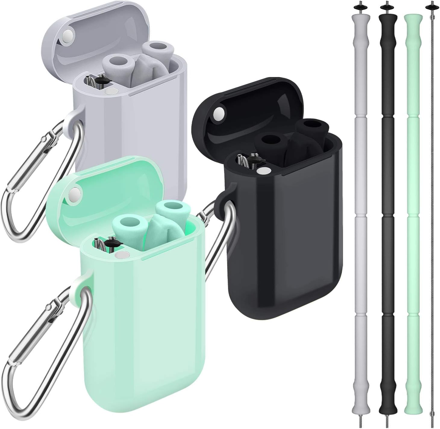 Reusable Straws - Comvin 3 Pack Collapsible Silicone Travel Drinking Straw with Case & Brush & Keychain, Portable & Foldable BPA Free for Kids Adult Women Men 3 Pack Black Gray Mint-Green