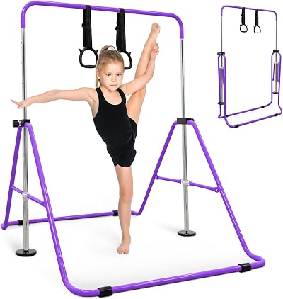 KAYMAN Gymnastics Bar with Rings Adjustable Height 89-129 cm Home Gym