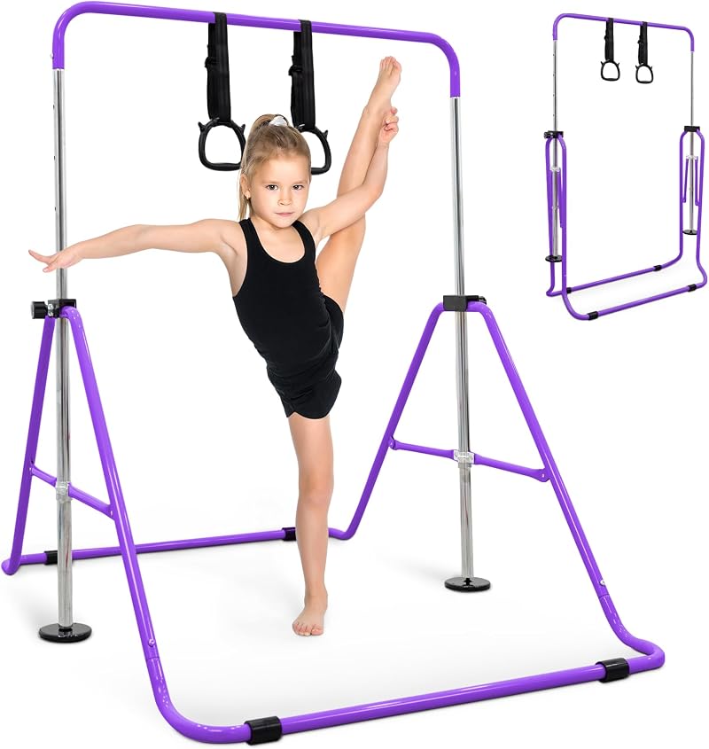 KAYMAN Gymnastics Bar with Rings Adjustable Height 89-129 cm Home Gym
