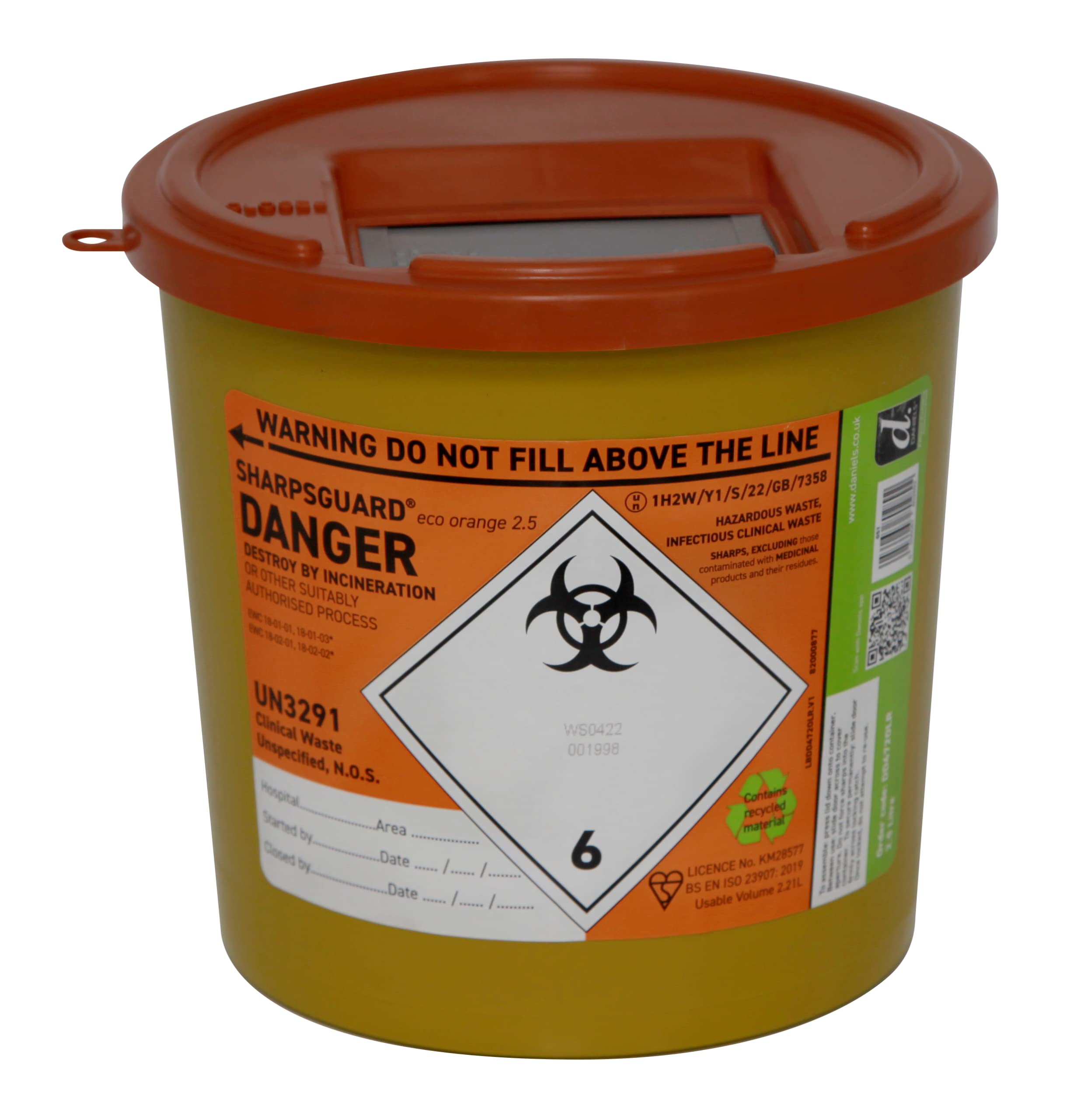 SharpsGuard Orange Lid 2.5 Litre Colour Coded Sharps Bin