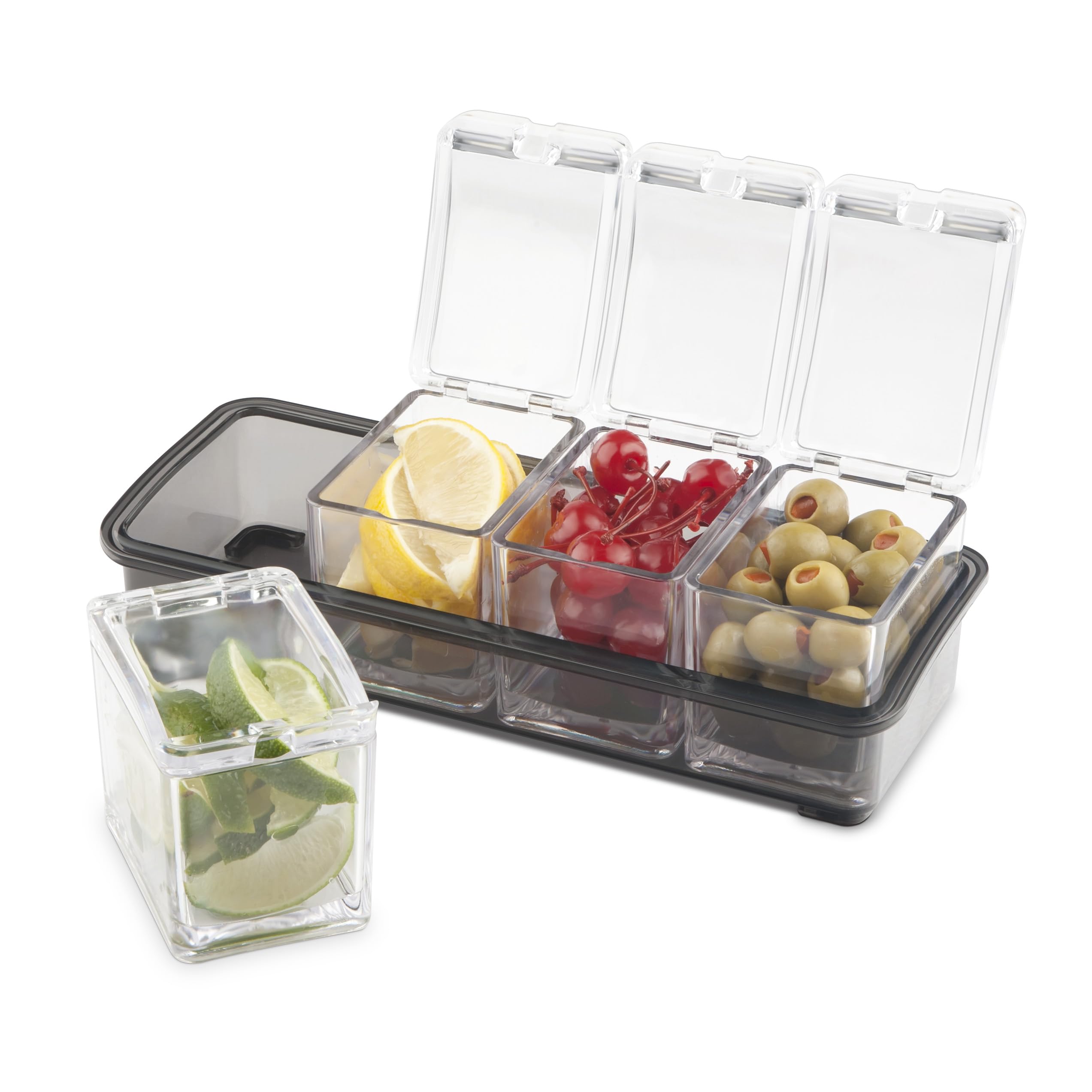 Final Touch Condiment Dispenser Holder - 4 Compartment Garnish Bar Caddy 5 Piece Set Includes 4 Removable Containers and A Non-Slip Base Holds Cocktail Ingredients Cherries Olives Lemons Or Limes