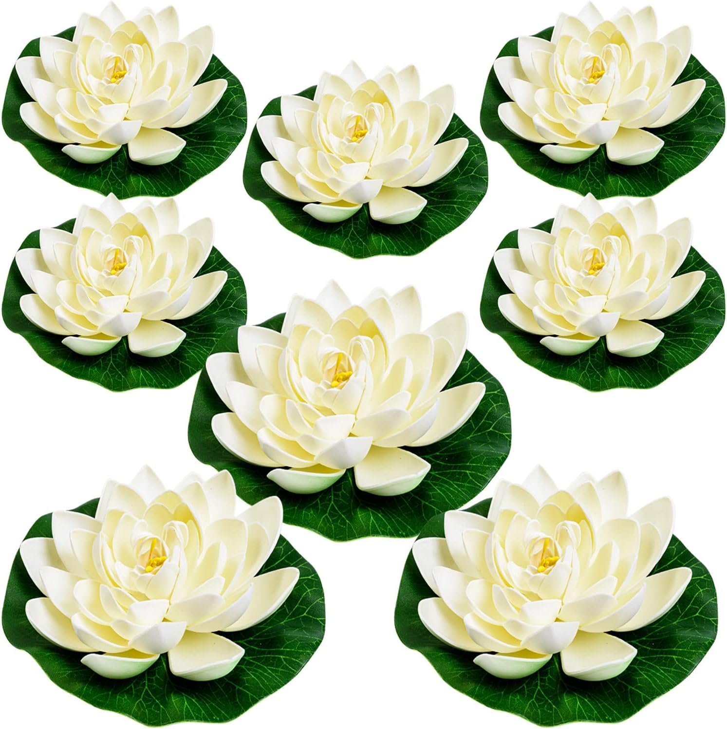 BNJZWJJ 8 Pcs Artificial Floating Pool Flowers, White Plastic Lotus Flower with Water Lily Pads, Lifelike Pond Pool Lotus Ornaments for Patio Garden Aquarium Decor