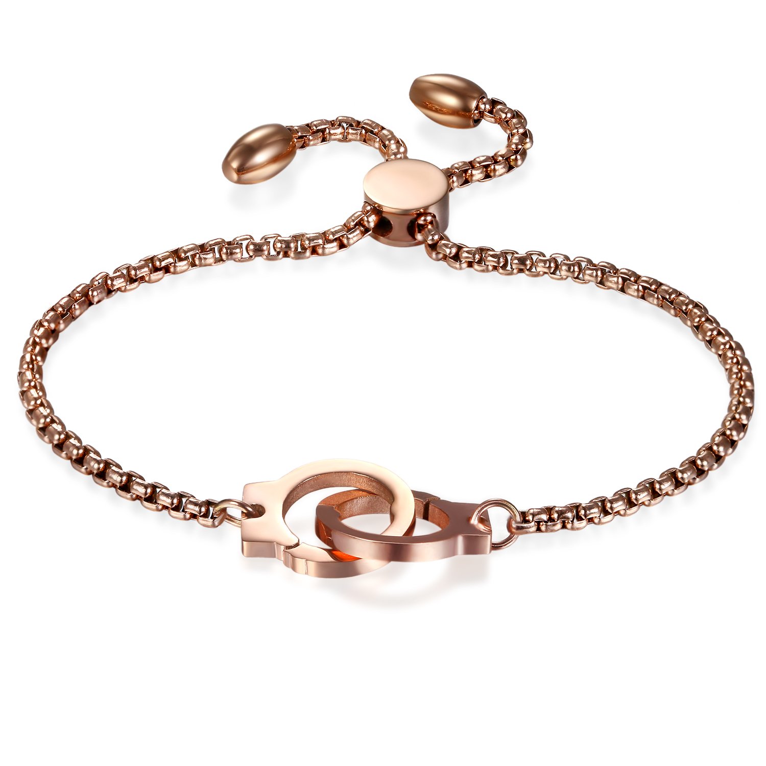 JewelryWe Handcuffs Charm Unique Bracelet Stainless Steel Adjustable for Women Girls(Rose Gold)