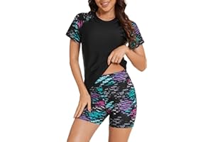 Bonneuitbebe Women's 2 Piece Rash Guard Short Sleeve UPF 50+ Swim Shirt Built in Bra Bathing Suit with Boyshorts Bottoms