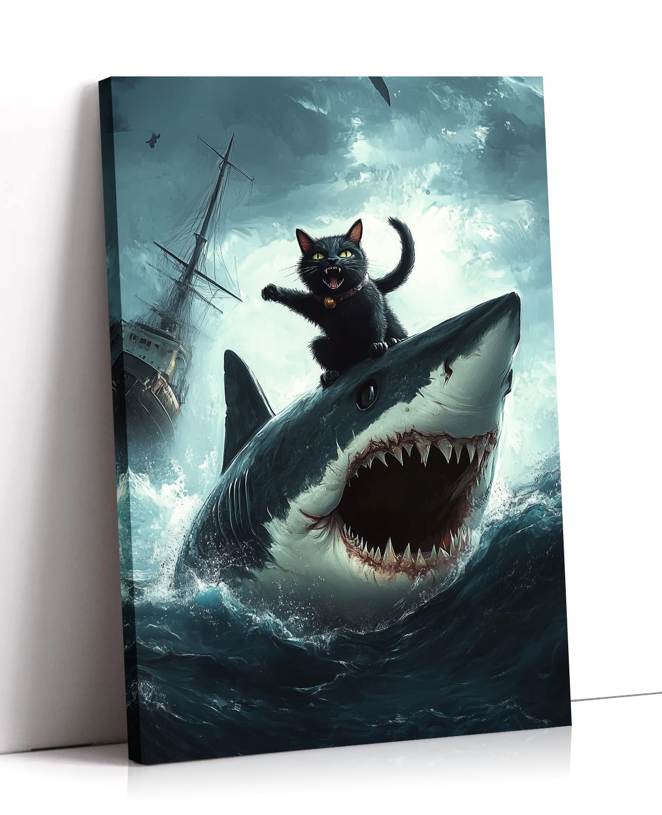 Black Cat Wall Art Cat Riding Shark Poster Funny