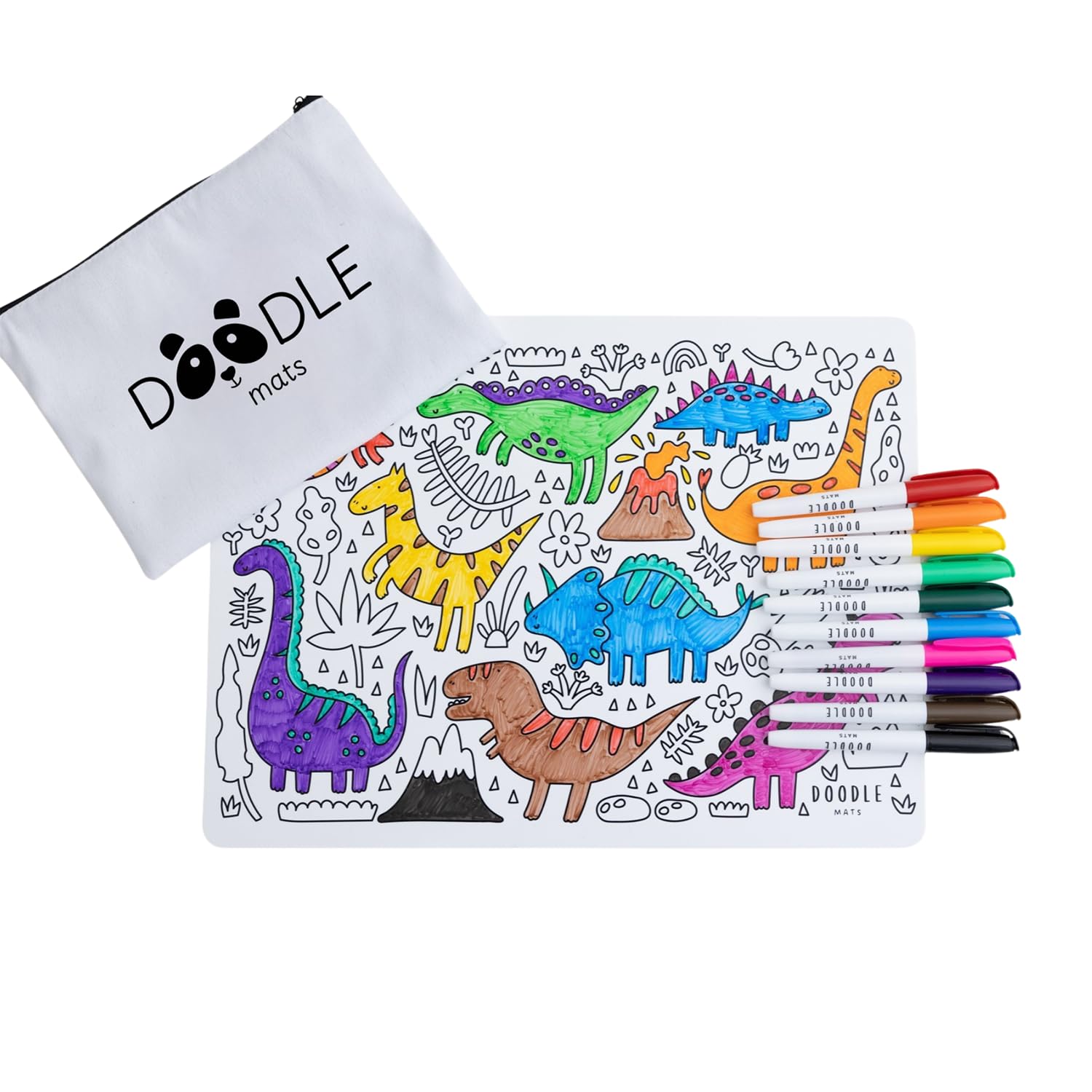 Doodle Mats Reusable Dinosaur Colouring Mat for Kids | Educational Prehistoric Play Mat with 10 Washable Pens & Carry Case | Mess Free Travel Toy, Eco Friendly, Reusable Learning Gift | A3 Size โ image 1
