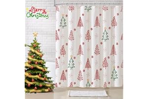 DE-MEDIOCRE Christmas Shower Curtain Set, Merry Christmas Red Tree Shower Curtain, Xmas Pine Red and Green Shower Curtain for Bathroom Decor, Waterproof Winter Fabric Bth Curtain with 12 Hooks, 72 x 72