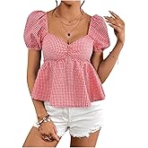 SweatyRocks Women's Puff Sleeve Plaid Gingham Ruffle Sweetheart Neck Peplum Shirt Top Blouse