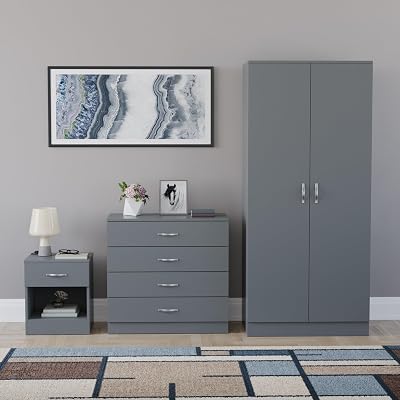 Vida Designs Riano 3 Piece Bedroom Set Grey Bedside Chest Wardrobe