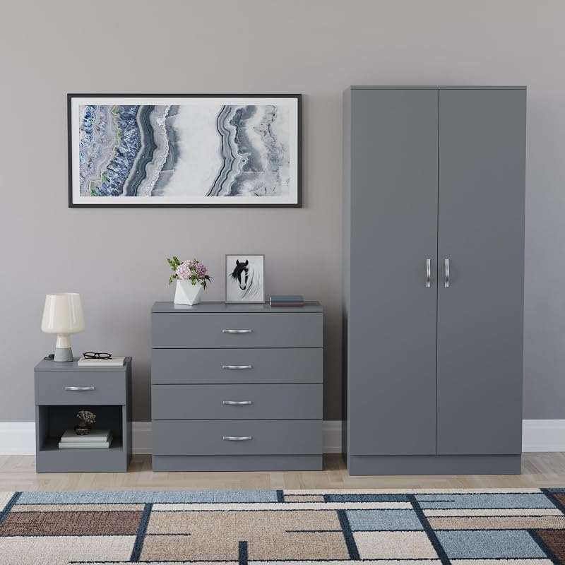 Vida Designs Riano 3 Piece Bedroom Set Grey Bedside Chest Wardrobe
