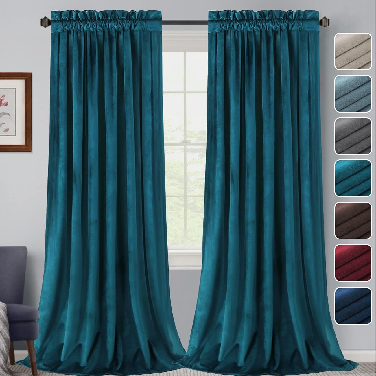 FantasDecor Velvet Blackout Curtains 95 Inches Long Luxury Velvet Window Curtain Drapes Draperies for Living Room/Bedroom Rod Pocket Velvet Drapes Home Decoration Insulated Curtain, 2 Panels, Teal