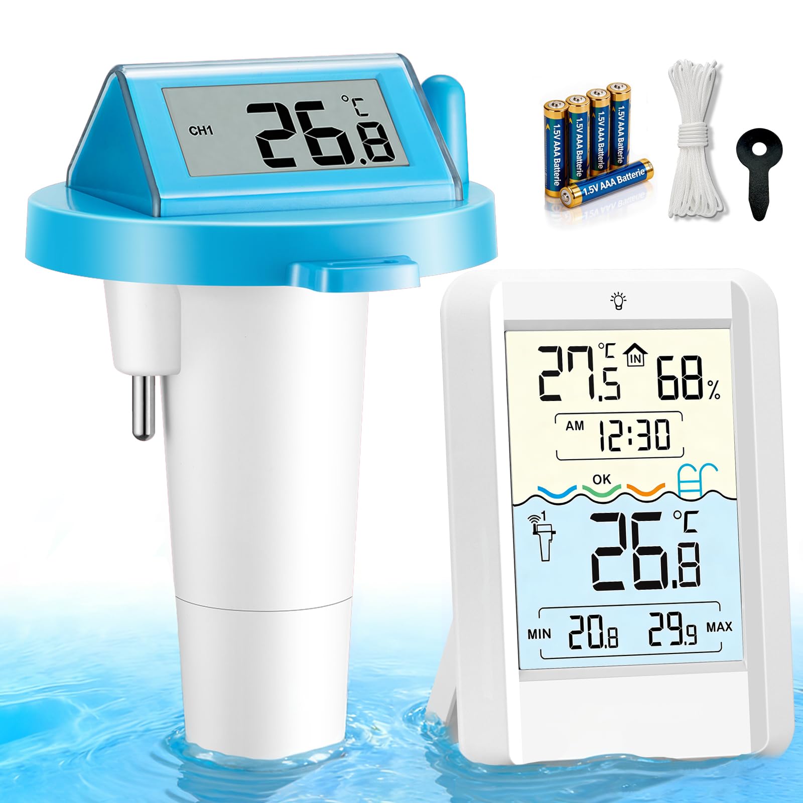 Warmfay Poolthermometer Funk Digital, Solar & Akku Betrieb, IP68 Wasserdicht Funkthermometer Schwimmend mit Empfänger bis 70 m Reichweite, Funk Pool Thermometer für Schwimmbad, Badewanne, Teich Spa