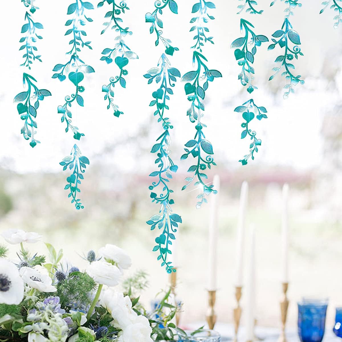 Summer Teal Blue Leaf Garland Spring Party Decoration Hanging Leaves Decor Greenery Vines Wall Decals Streamer Banner Birthday Anniversary Wedding Bridal Shower Engagement Boys Girls Bedroom