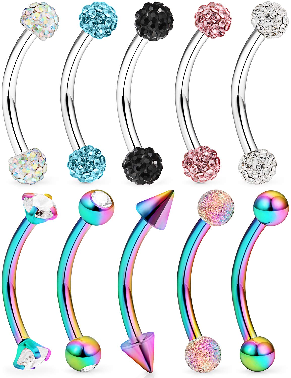 Lcolyoli 10 anillos de piercing de cejas de acero inoxidable 16G con diamante transparente CZ barra curvada Rook Daith arete piercing joyería corporal para mujeres y hombres, tono plateado arcoíris 0.394 in