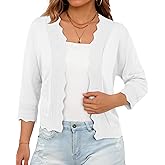 GRECERELLE Women Lightweight Summer Cardigan 3/4 Sleeve Open Front Scalloped Trim Knit Sweater Soft Cropped Bolero Shrug