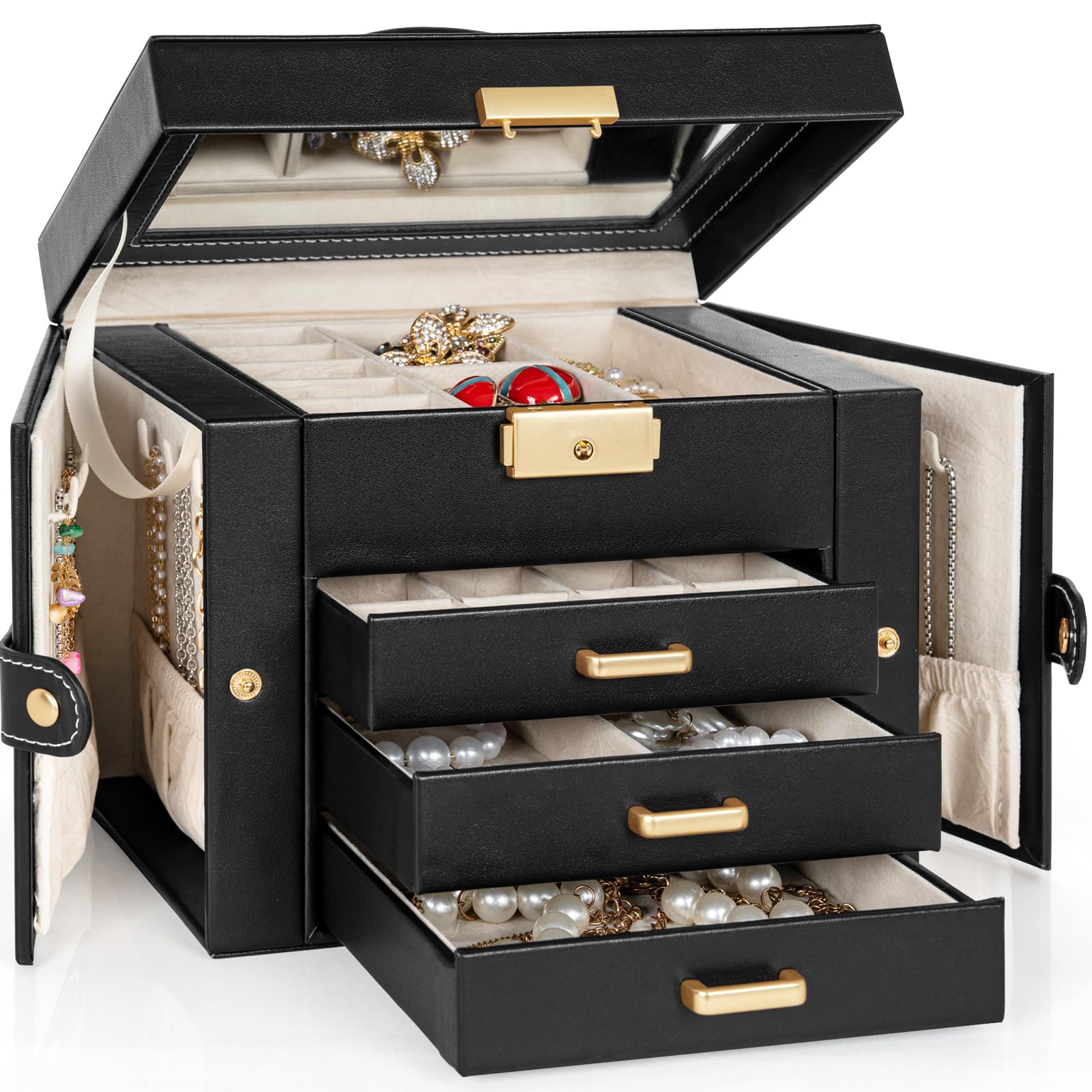 Photo 1 of TORIBIO Jewelry Box for Women, Leather Jewelry Organizer with Mirror & Lock, 4-Tier Jewelry Storage Organizer with 3 Drawers for Girls/Women/Mothers, Necklace Earring Bracelets Holder Organizer
