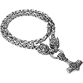 OIDEA Viking Thor's Hammer Necklace for Men: Vintage Viking Helm of Awe Mjolnir Pendant with Wolf Head Byzantine Chain Amulet Jewelry Gift for Men Women