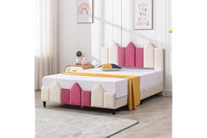GENERIC Zafly Twin Bed Frames for Kids, Twin Bed Platform with Upholstered Headboard & Footboard, Wood Slat Support, Castles Style Kids Bed Frame, No Spring Box Needed, Easy Assembly, for Girls-Pink Twin